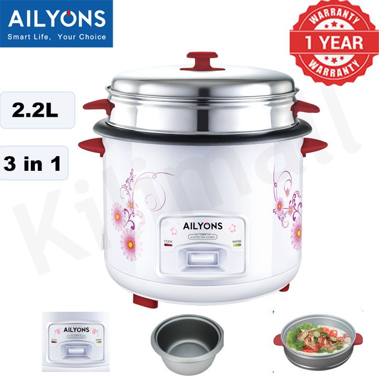 AILYONS RCX-22B01 2.2L RICE COOKERS Stainless Steel Body 900W Non-stick Removable Inner Pot Automatic Cooking& Warming Function