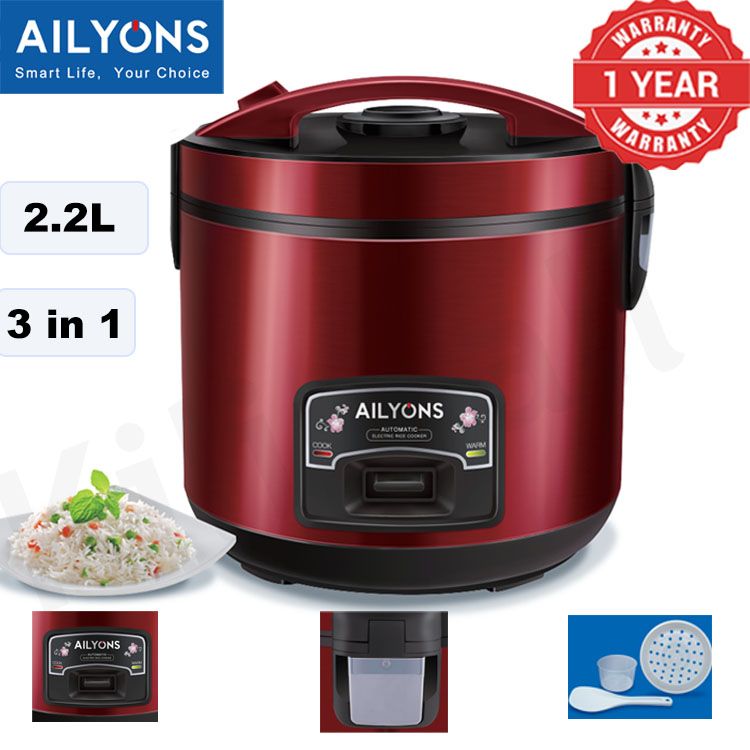 AILYONS RCX-22B02 2.2L RICE COOKERS Stainless Steel Body 900W Non-stick Removable Inner Pot Automatic Cooking& Warming Function