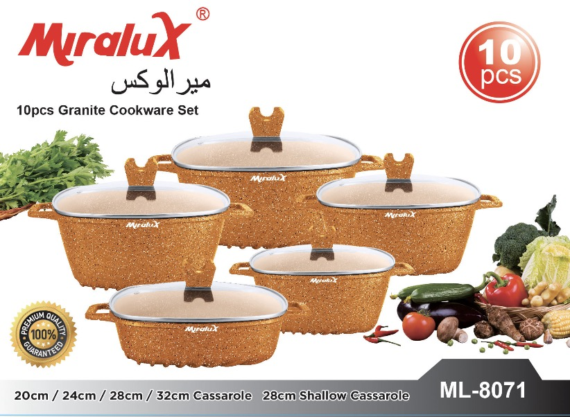 Miralux 10Pcs Die cast cookware set ( Granite Coating ) Sufuria 5pcs pots +5pcs lids Cooking Pots Inside /outside Same color coating Casserole size  20/24/28/32cm and shallow pot 28cm