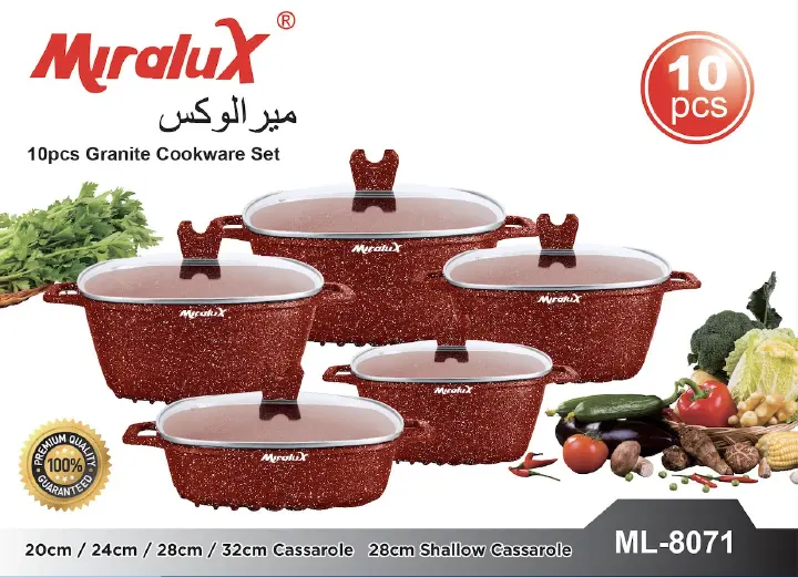 Miralux 10Pcs Die cast cookware set ( Granite Coating ) Sufuria 5pcs pots +5pcs lids Cooking Pots Inside /outside Same color coating Casserole size  20/24/28/32cm and shallow pot 28cm