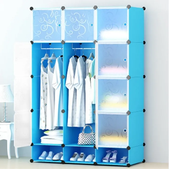 【Promotions】Jaza Keja 12 Grids 3 Columns Plastic Clothes Wardrobe Storage Shelf With Shoes Storage Box for Books Clothes Toys Sundries Space Saving Household Organizer Blue,One Size