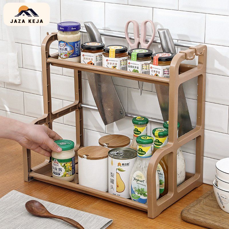 Jaza Keja 2 Layer Extra Large Spice Rack Organizer Counter Shelf with Guardrail for Countertop, Kitchen, Dining Room, Office