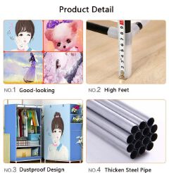 Jaza Keja 1 Columns Portable Metallic Closet Wardrobe Cartoon Cloth Non-Woven Panoramic Folding Cloth Wardrobe 3D Wardrobe Small Wardrobe Folding Hanger