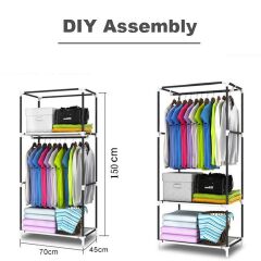 Jaza Keja Portable Single Column Metallic Wardrobe Closet Clothes Metallic Organizer Non-Woven Fabric Cover with 3 Storage Shelves 2 Hanging Sections