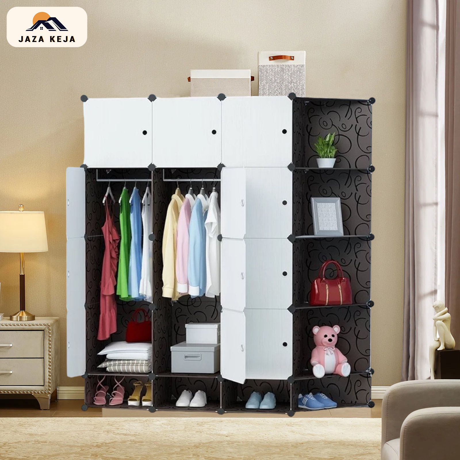 Jaza Keja 4 Columns Plastic Large Wardrobe with Shoe Rack Corner Bookshelf Cabinet Wardrobe