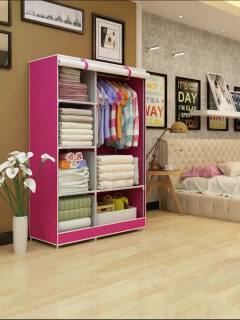 Jaza Keja 2 Columns Metalic Portable Wardrobe Cartoon Non-Woven Cloth Storage Cabinet Easy to Assemble Steel Tube Reinforced closet Clothes Organizer