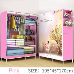 Jaza Keja 2 Columns Metalic Portable Wardrobe Cartoon Non-Woven Cloth Storage Cabinet Easy to Assemble Steel Tube Reinforced closet Clothes Organizer