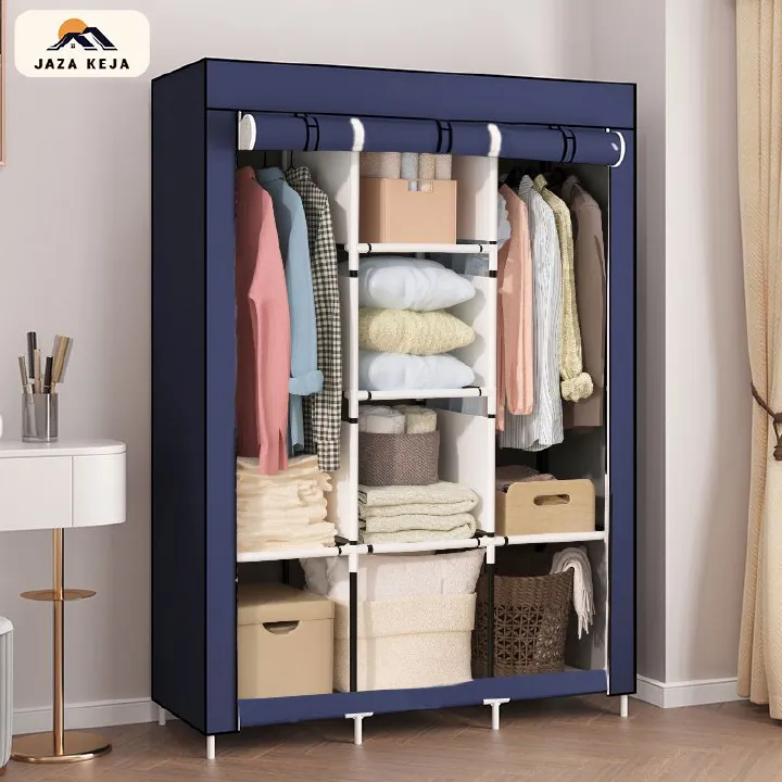 Jaza Keja 105cm Wide 3 Columns metalic Clothes Storage Portable Wardrobe Dustproof Cover Closet Durable Clothes Rack Organizer