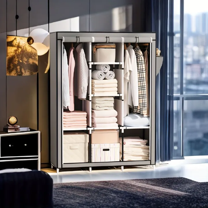 Jaza Keja 105cm Wide 3 Columns metalic Clothes Storage Portable Wardrobe Dustproof Cover Closet Durable Clothes Rack Organizer