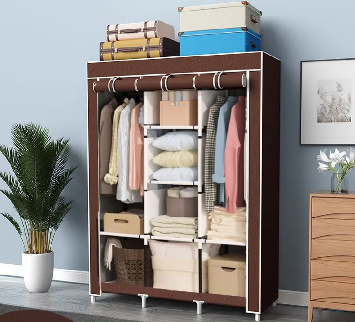 Jaza Keja 105cm Wide 3 Columns metalic Clothes Storage Portable Wardrobe Dustproof Cover Closet Durable Clothes Rack Organizer