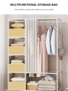Jaza Keja DIY 2 Columns Metallic Portable Premium Wardrobe (NO Curtains) Household Hanging Clothes closet Racks Bedroom Storage Wardrobe Simple Dormitories Room Clothes Storage