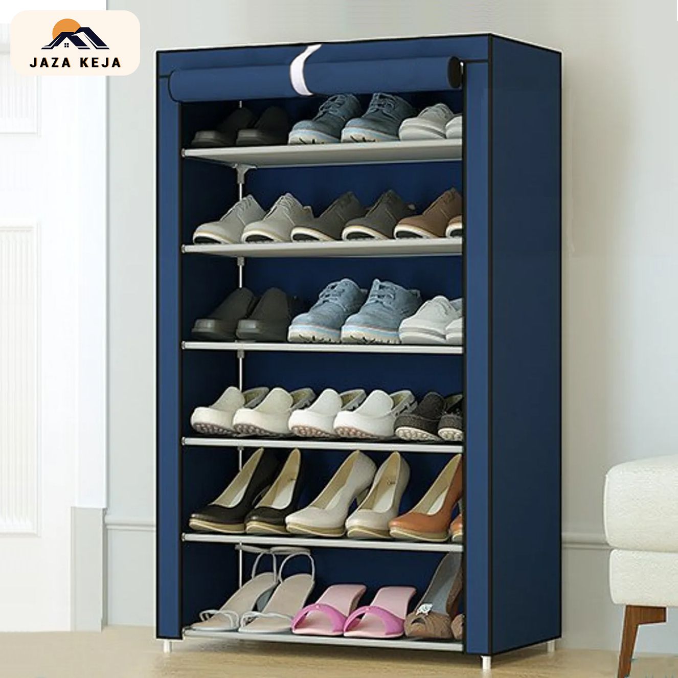 Jaza Keja 6 Layers Shoes Rack With Dustproof Curtain Free Standing Shoes Rack Easy Assembled Shoes Storage Shelf