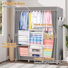 [Sale]Jaza Keja 105cm Portable 3 Columns Wardrobe Closet Clothes Metallic Organizer Non-Woven Fabric Cover with 6 Storage Shelves 2 Hanging Sections