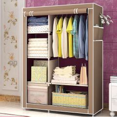 [Sale]Jaza Keja Portable 2 Columns Wardrobe Closet Clothes Storage Organization Metallic Organizer Non-Woven Fabric Cover with 6 Storage Shelves 2 Hanging Sections