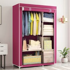 [Sale]Jaza Keja Portable 2 Columns Wardrobe Closet Clothes Storage Organization Metallic Organizer Non-Woven Fabric Cover with 6 Storage Shelves 2 Hanging Sections