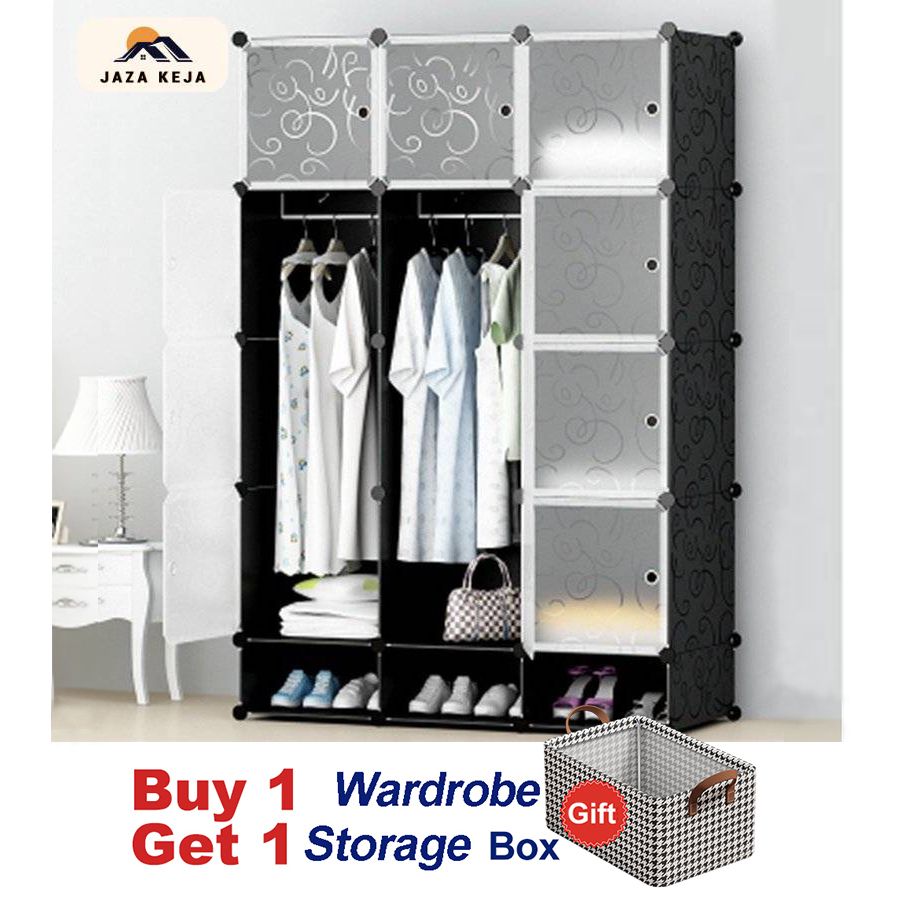 【Promotions】Jaza Keja 12 Grids 3 Columns Plastic Clothes Wardrobe Storage Shelf With Shoes Storage Box for Books Clothes Toys Sundries Space Saving Household Organizer Black,One Size