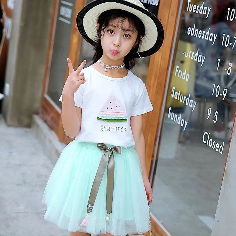 D-baby Summer 4-9Y baby girl cotton clothes suit kids sweet T-shirt+ shirt two-piece set
