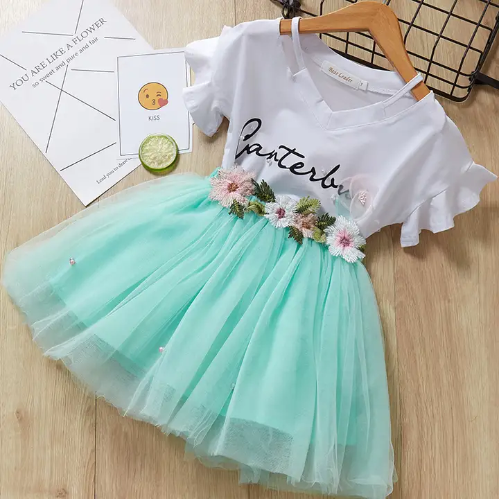D-baby Summer 4-9Y baby girl cotton clothes suit kids sweet T-shirt+ shirt two-piece set