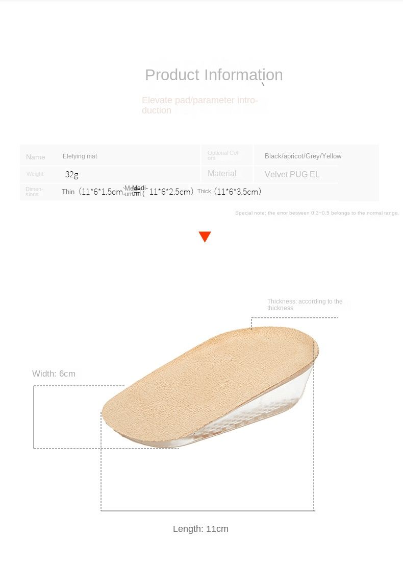 Silicone Heightening Pad Pu Insole Invisible Heightening Heel Pad Inner Heightening Pad Half Size Pad Insole Inner Heightening Pad