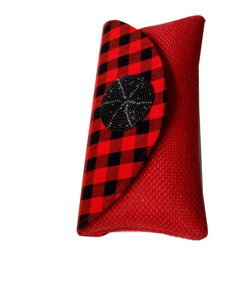 AFRICAN MAASAI PLAID CLUTCH PURSE- RED/BLACK FLORAL PRINT