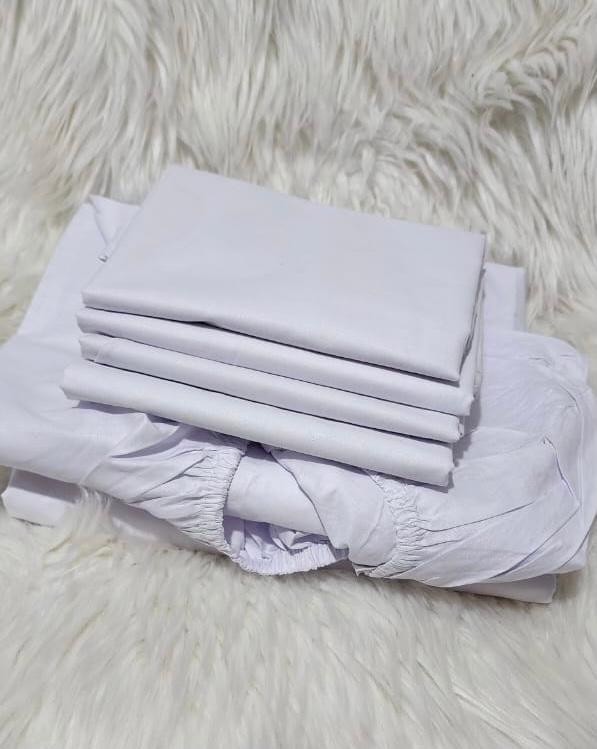 6pcs of 6*7 Plain White Fitted Bedsheets Set comes as 2pcs of Bedsheets
and 4pcs Pillow Cases Bedding Set