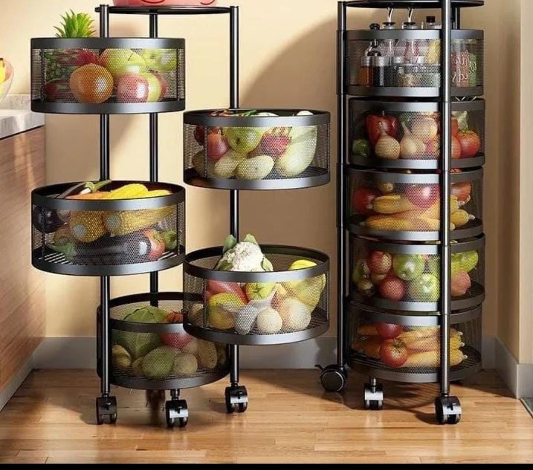 Rotating metallic fruits/ vegetables rack Has lockable wheels for easy movement