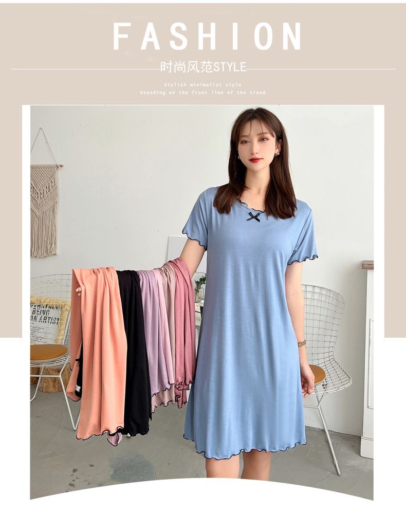 Short-sleeved dress women's summer air show thin wave v-neck show thin t-shirt skirt knee-japanese Korean modell long skirt