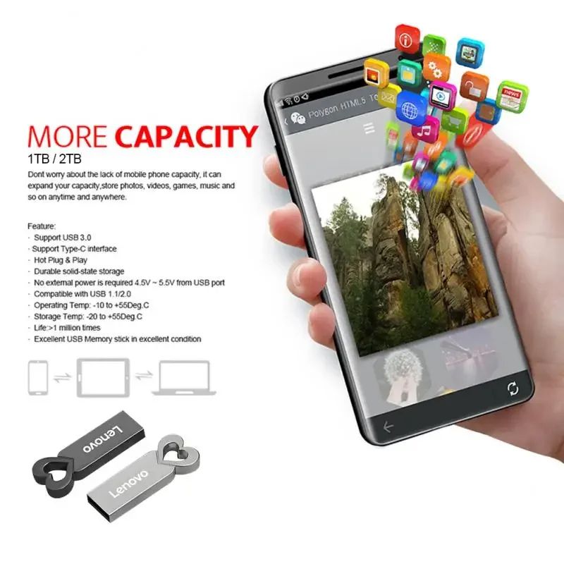 Lenovo Pen Drive 2tb High Speed Flash Memory Metal Pendrive 1tb Flash Drive 512GB 256GB USB Memory Storage Device U Disk for PC