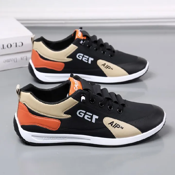 Baldur New Arrivals men's shoes fashion sneaker casual sports shoes boy's PU Artificial leather lace-up single shoes students low top shoes running shoes  black  +  orange