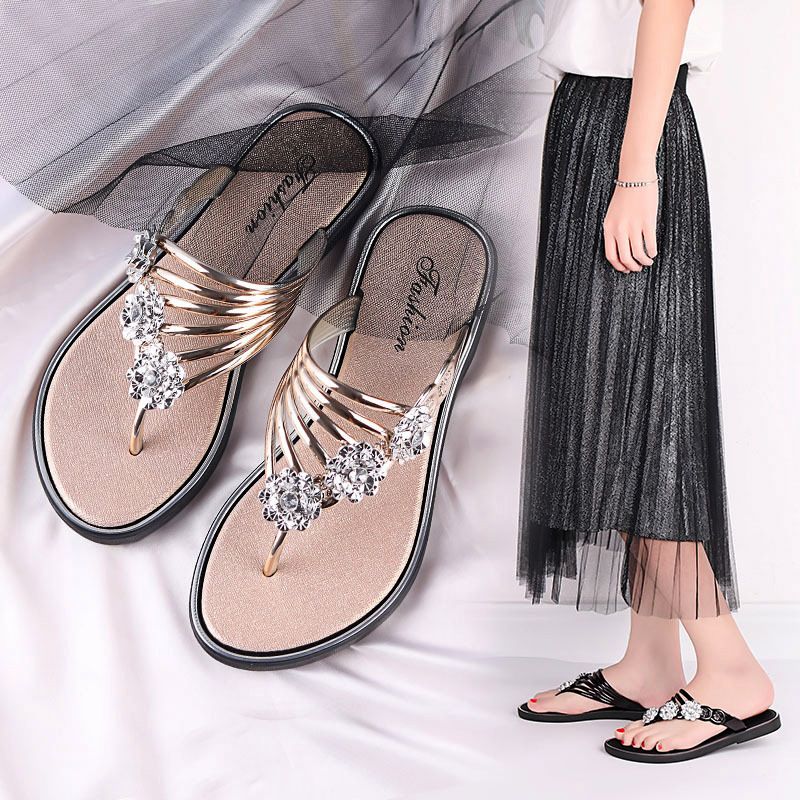 Women's slippers Summer rhinestone sequin sandals girls outdoor pinch-foot flat ladies shoes flower flip-flops lightweight outside wear Flip Flops