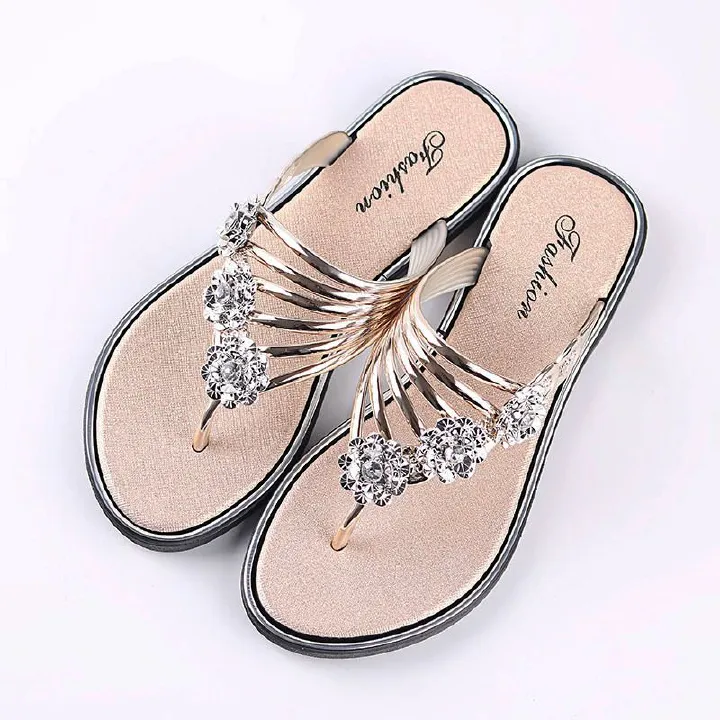 Baldur Women's slippers rhinestone sequin sandals girls outdoor pinch-foot flat ladies shoes flower flip-flops lightweight outside wear Flip Flops open shoes  golden