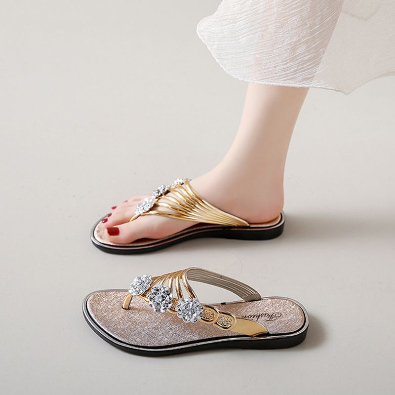 Women's slippers Summer rhinestone sequin sandals girls outdoor pinch-foot flat ladies shoes flower flip-flops lightweight outside wear Flip Flops