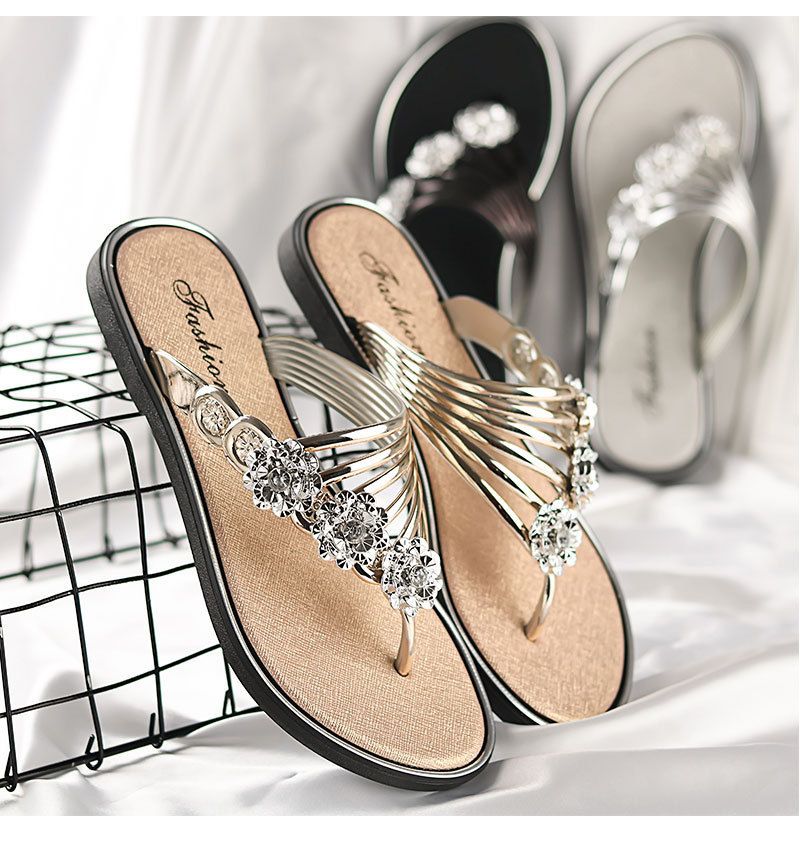 Women's slippers Summer rhinestone sequin sandals girls outdoor pinch-foot flat ladies shoes flower flip-flops lightweight outside wear Flip Flops