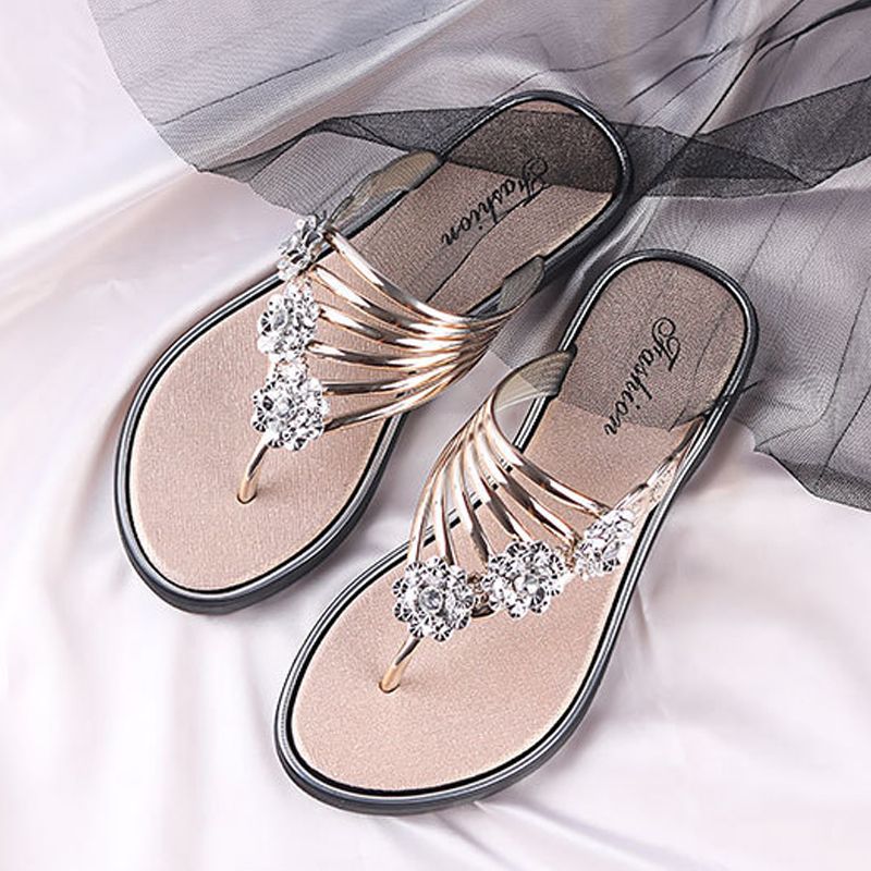 Women's slippers Summer rhinestone sequin sandals girls outdoor pinch-foot flat ladies shoes flower flip-flops lightweight outside wear Flip Flops