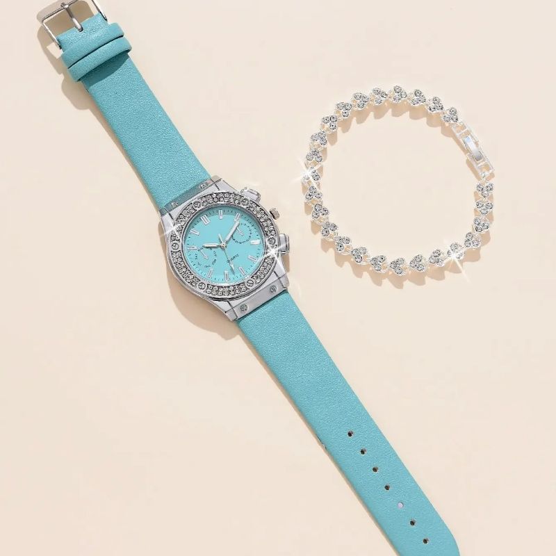 2pcs Luxury Fashion Women Watch Set Colourful PU Leather Strap Ladies Quartz Wristwatch Alloy Bracelet For Ladies Gift