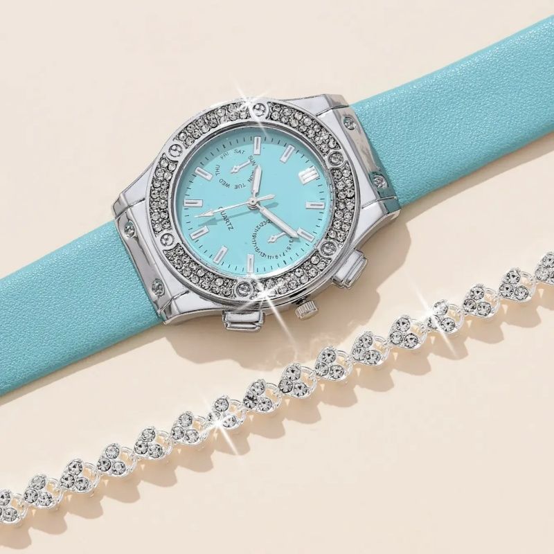 2pcs Luxury Fashion Women Watch Set Colourful PU Leather Strap Ladies Quartz Wristwatch Alloy Bracelet For Ladies Gift