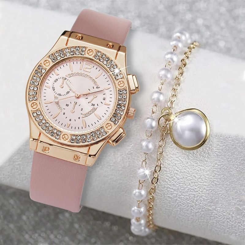 2pcs Luxury Fashion Women Watch Set Colourful PU Leather Strap Ladies Quartz Wristwatch Alloy Bracelet For Ladies Gift