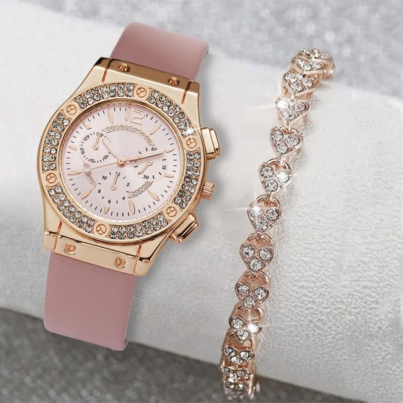 2pcs Luxury Fashion Women Watch Set Colourful PU Leather Strap Ladies Quartz Wristwatch Alloy Bracelet For Ladies Gift