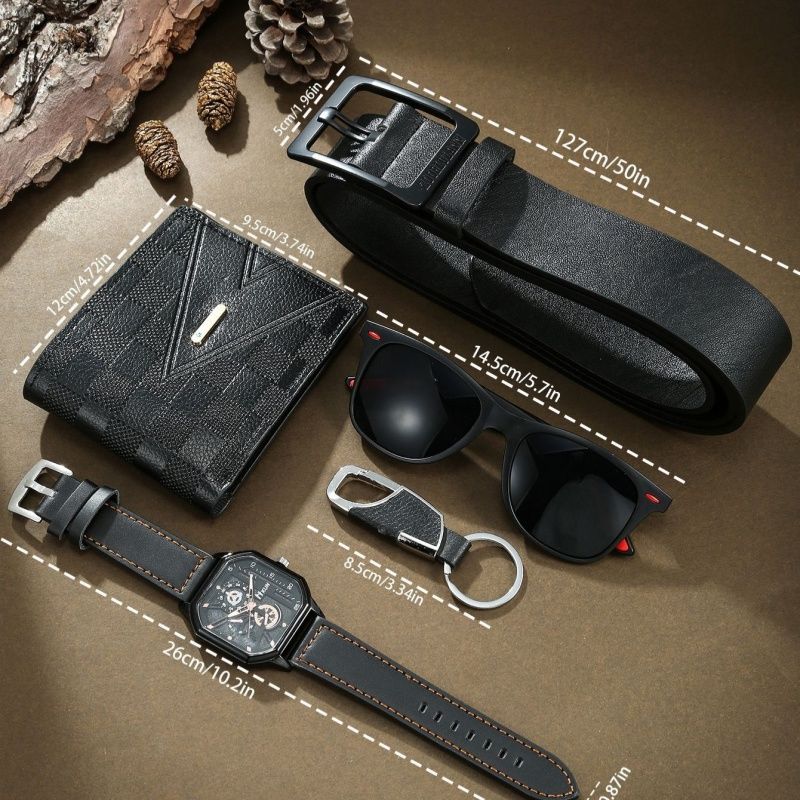 Men's 5-piece Classic Versatile Watch Set - Quartz Movement, Keychain, Belt, Sunglasses, Wallet Perfect Business and Leisure Gift