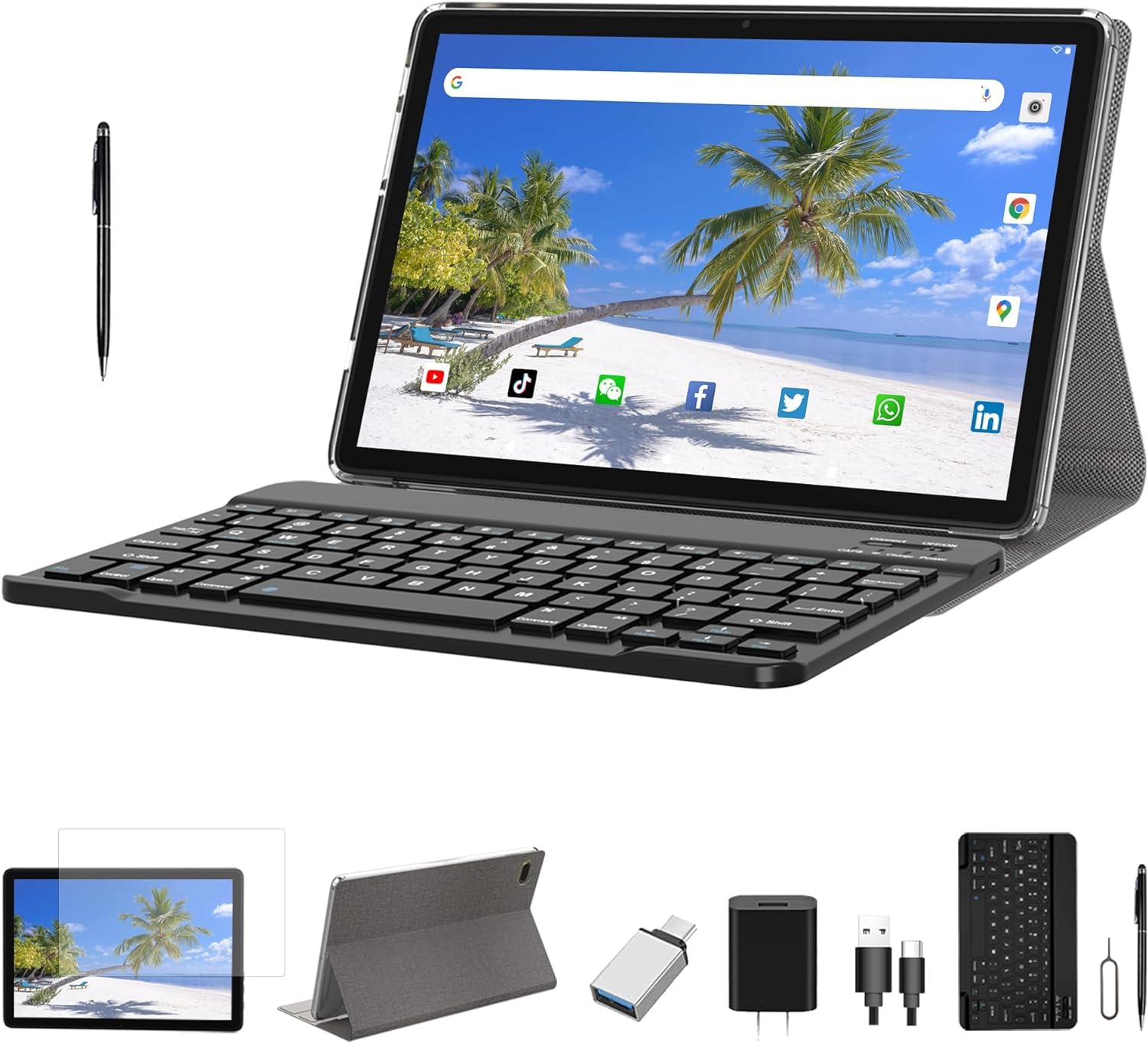 10 Inch Tablet Android 11.0 6GB RAM  512GB ROM  with IPS Screen HD Quad Core 1.6GHz Dual LTE SIM Tablets with WIFI | 8000mAh | Bluetooth | GPS | with Keyboard (Black)