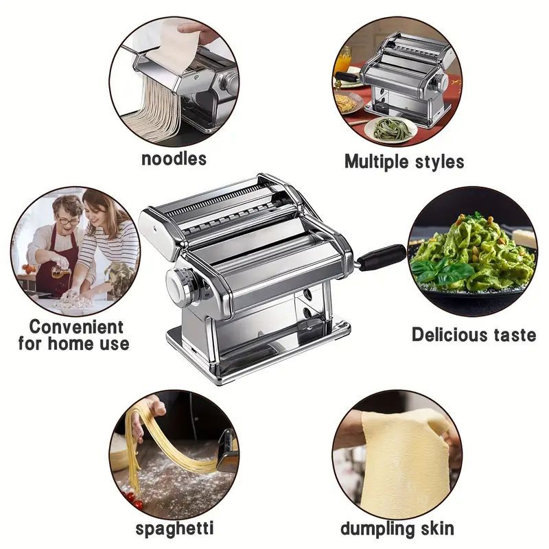 Noodles Maker For Homemade Pasta, Stainless Steel Pasta Machine With Cutter And Hand Crank