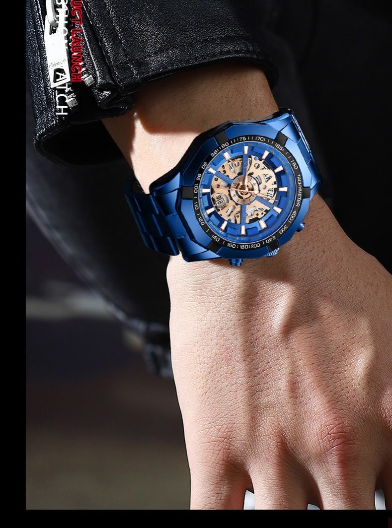 2024 Binbond Hollow Non-mechanical Waterproof Watch Blue Men's Watch Exquisite Workmanship Fine Smooth Feel Night Light Waterproof High-end Handsome Men's  School boy Students Wrist Metal Watches