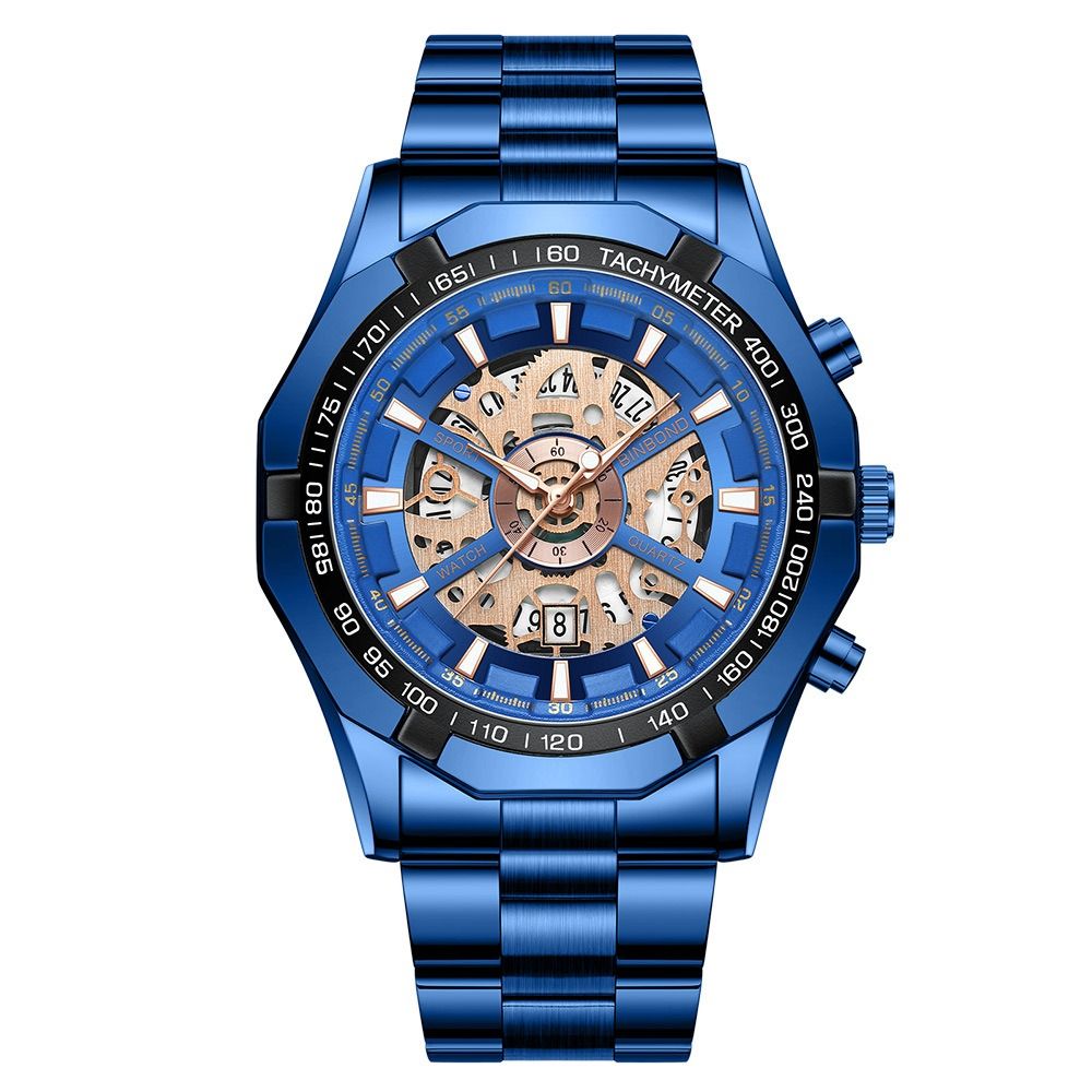 2024 Binbond Hollow Non-mechanical Waterproof Watch Blue Men's Watch Exquisite Workmanship Fine Smooth Feel Night Light Waterproof High-end Handsome Men's  School boy Students Wrist Metal Watches