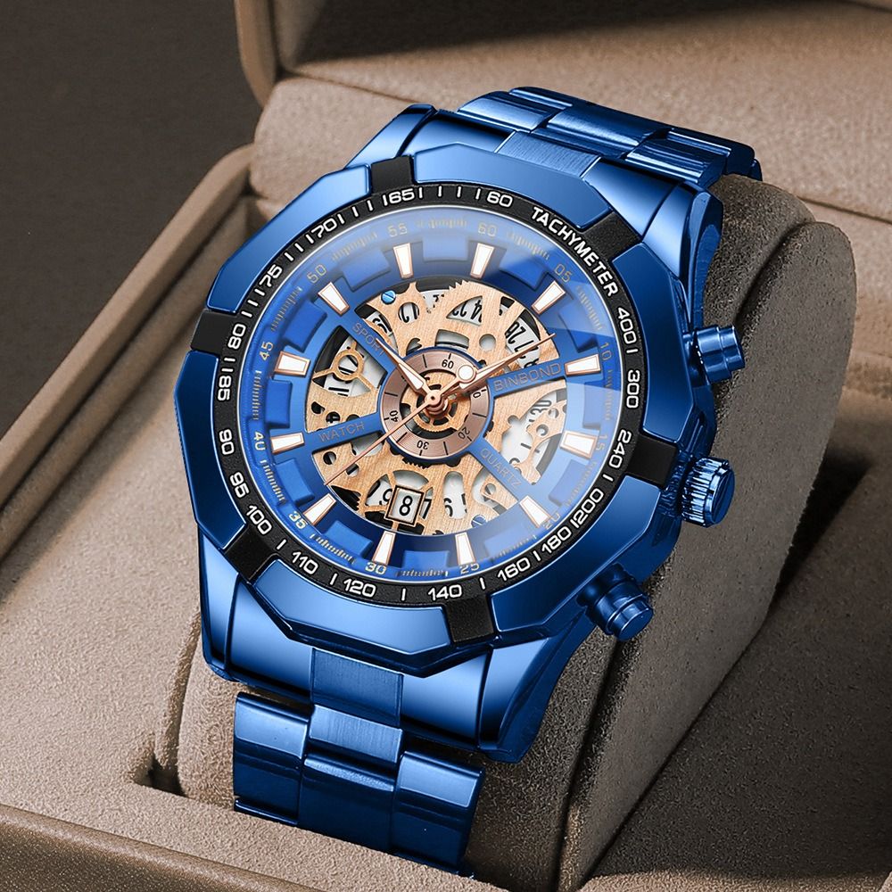 2024 Binbond Hollow Non-mechanical Waterproof Watch Blue Men's Watch Exquisite Workmanship Fine Smooth Feel Night Light Waterproof High-end Handsome Men's  School boy Students Wrist Metal Watches