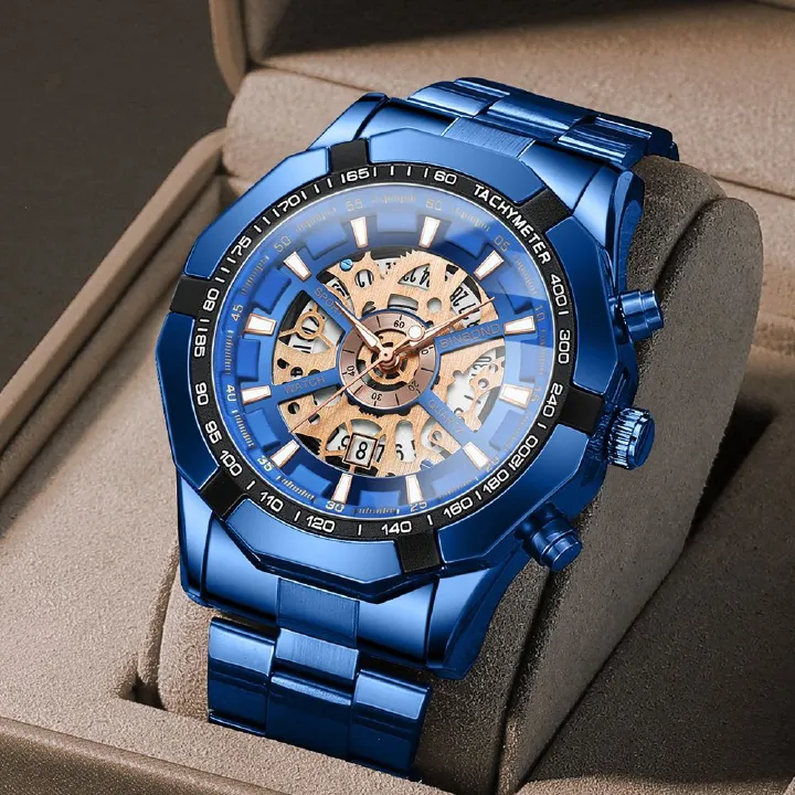 2024 Binbond Hollow Non-mechanical Waterproof Watch Blue Men's Watch Exquisite Workmanship Fine Smooth Feel Night Light Waterproof High-end Handsome Men's  School boy Students Wrist Metal Watches