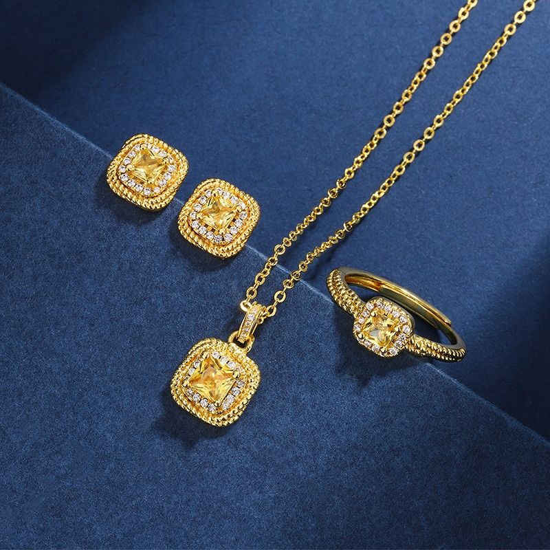 2024 African Popular Vietnam Sand Gold Diamond Square Sugar Pendant Women Simple Small Square Sugar Ring Earrings Square Sugar Gift three sets Party Decoration Jewelry Set