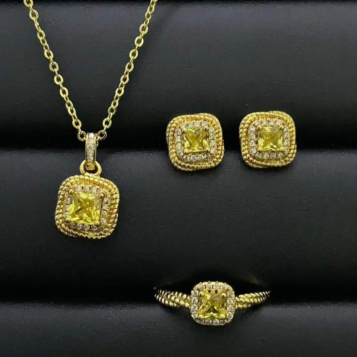 2024 African Popular Vietnam Sand Gold Diamond Square Sugar Pendant Women Simple Small Square Sugar Ring Earrings Square Sugar Gift three sets Party Decoration Jewelry Set