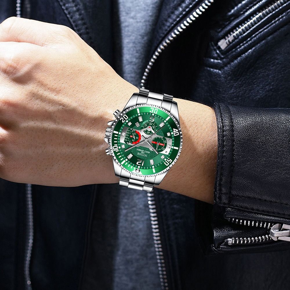 2024 Africa Fashion 30m Waterproof Men's Watch Steel Band Double Calendar Quartz Watch Glow-in-the Dark Calendar Week Display Luminous Calendar School Boy Students  Steel Band Gift Watches