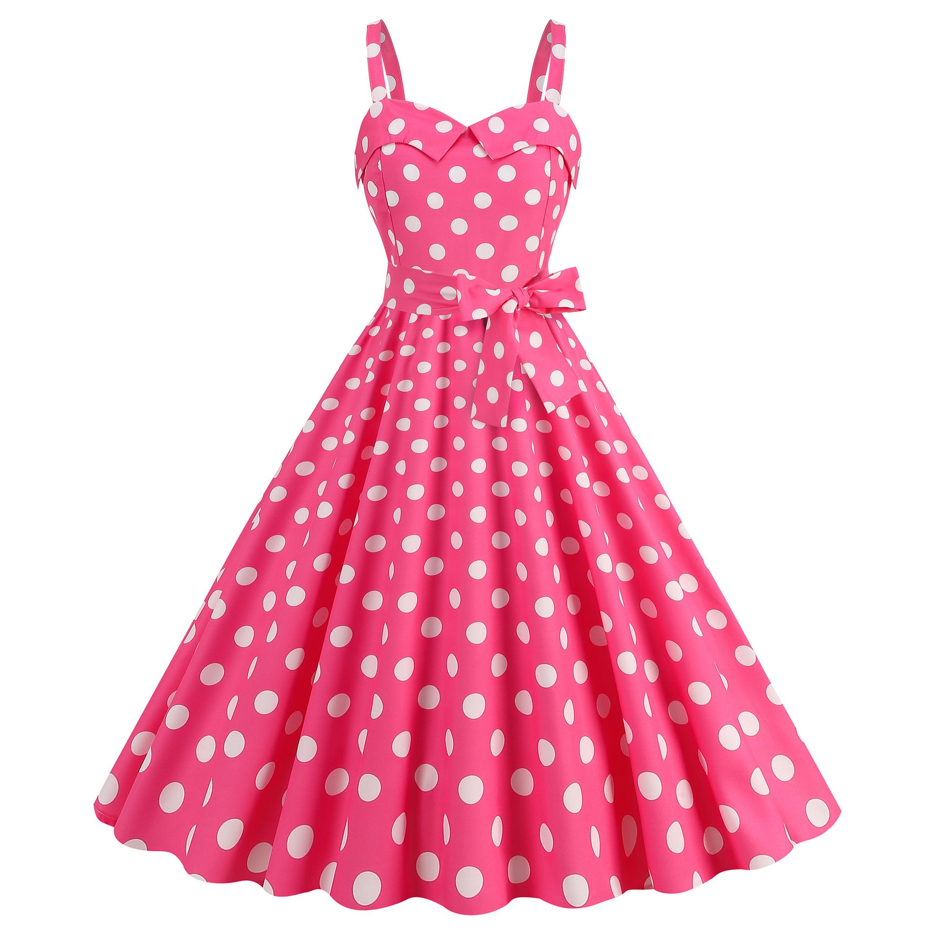Hot Selling Barbie Pink Suspender Party Casual Polka Dot Women Evening Dresses  Checkered Printed Sweet Girls Students Office Ladies Favorite Shopping Long Swing Skirt