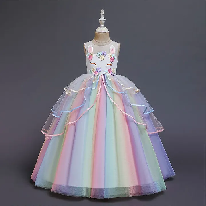 2024 Summer New European And American Children's Dress Girl's Wedding Parties Celebration Evening Dress Unicorn Mesh Rainbow Fluffy Princess Girl Long Skirt Daughters Classmates Friends Gift Clothing